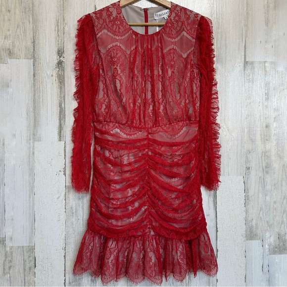 Elliatt Rose Red Ruched Lace Long Sleeve Mini Dress Size M Party Cocktail - Picture 4 of 13